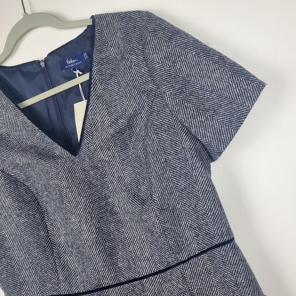 BODEN British Tweed Herringbone Dress Albony Wool Short Sleeve Knee Length Navy - Picture 4 of 7